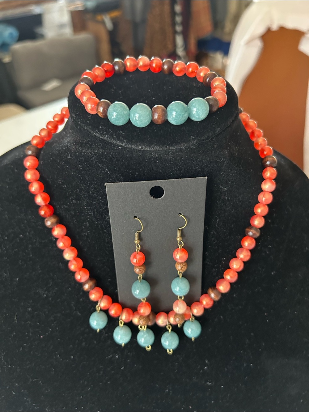 Coral Red & Aqua Bead Necklace Set with Matching Bracelet & Earrings
